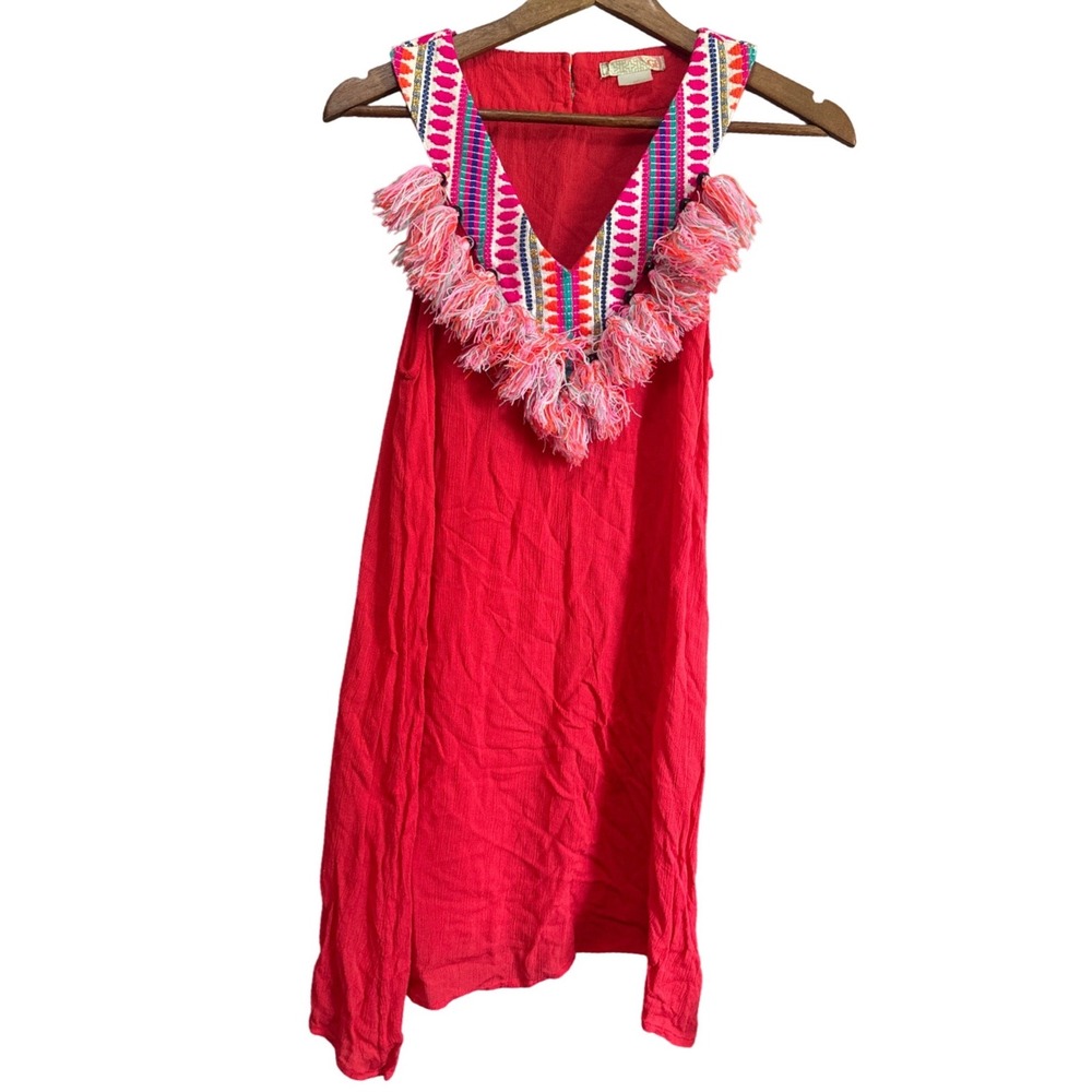 Gianni Bini Fringe Embroidered Dress Womens M Red Excellent Boho Tassel V-Neck
